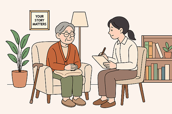 노년 의자 일러스트 가정 이야기 대화 사랑 환경 공간 간호사 기록 시간 편안함 소중 간호 소통 관심 배려 존경 상호작용 국내일러스트 AI파일 감정 가구 컨셉 말하기 성인 의료진 감각 파일형식 벡터