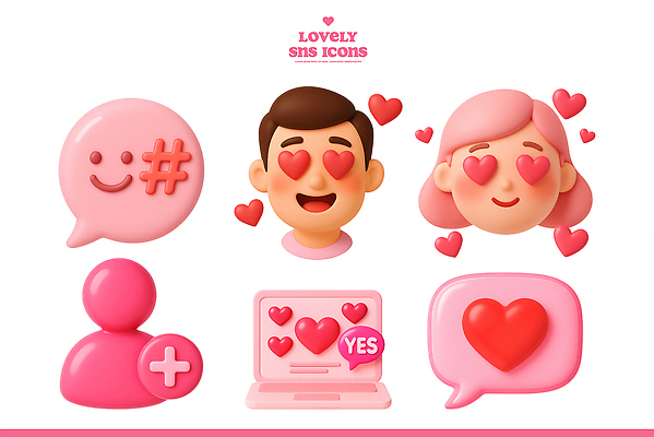 PSD 아이콘 캐릭터 디자인 행복 감정 분홍색 커뮤니케이션 사랑 3D아이콘 귀여움 디지털 표현 소통 소셜미디어 컬러 컨셉 파일형식