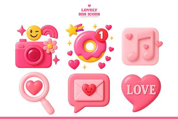 PSD 아이콘 디자인 감정 음악 분홍색 사랑 3D아이콘 카메라 보라색 하트 표현 메시지 도넛 심볼 소셜미디어 모양 컬러 문화예술 디저트 전자제품 파일형식