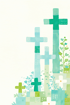 JPG 식물 디자인 예술 하늘색 백그라운드 십자가 일러스트 자연 초록색 파란색 평화 다양 흰색 부드러움 감성 조화 대칭 색감 국내일러스트 AI일러스트 AI콘텐츠 컬러 다수 컨셉 감각 생태계 파일형식