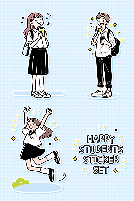 캐릭터 학생 디자인 음료 스티커 패턴 일러스트 학교 모션 일상 그래픽 친구 기쁨 표현 즐거움 그림 소통 순간 스타일 국내일러스트 AI파일 교육 감정 컨셉 무늬 관계 라이프 파일형식 벡터