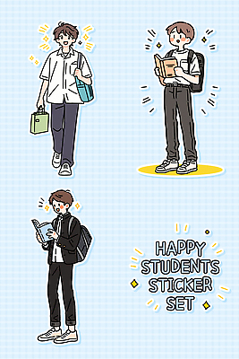 캐릭터 학생 디자인 교육 스티커 가방 일러스트 학교 모션 청소년 웃음 책 친구 학습 표현 즐거움 창의성 스타일 국내일러스트 AI파일 잡화 감정 관계 표정 사람 파일형식 벡터