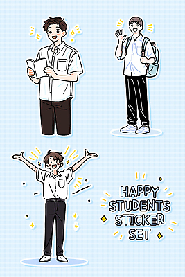 캐릭터 학생 디자인 스티커 일러스트 교실 모션 표정 그래픽 책 친구 세트 기쁨 표현 인사 즐거움 장면 창의성 국내일러스트 AI파일 교육 감정 학교 관계 예절 파일형식 벡터