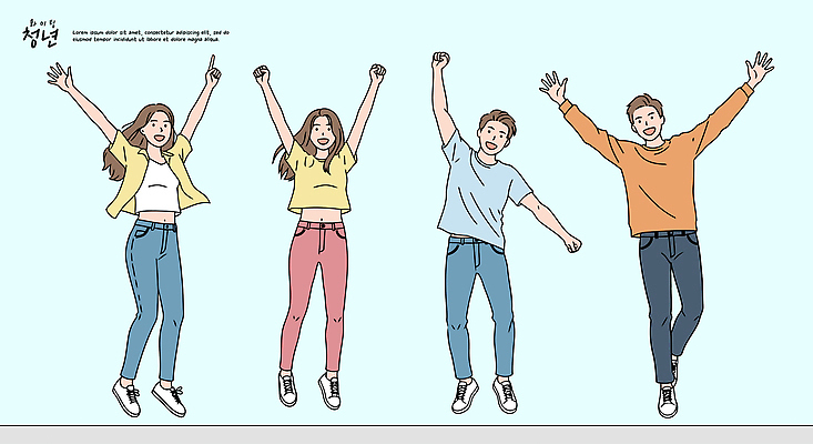 행복 컬러 일러스트 모션 웃음 캐주얼 여름 친구 청춘 점프 기쁨 모임 에너지 자유 즐거움 소통 리듬 월요일 국내일러스트 AI파일 옷 계절 감정 컨셉 관계 표정 요일 파일형식 벡터