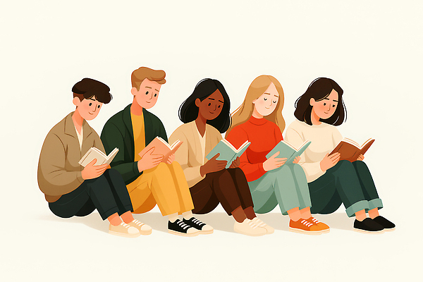 JPG 문화 여유 생각 일러스트 모션 이야기 여러명 취미 책 학습 독서 다양 교양 시간 편안함 집중 즐거움 긍정적 오후 국내일러스트 AI일러스트 AI콘텐츠 교육 감정 다수 컨셉 사람 감각 파일형식