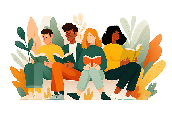 JPG 식물 감정 문화 컬러 일러스트 모션 청소년 자연 이야기 취미 야외 책 친구 학습 독서 평화 모임 시간 편안함 즐거움 소통 국내일러스트 AI일러스트 AI콘텐츠 교육 컨셉 관계 사람 감각 생태계 파일형식