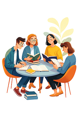 JPG 학생 생각 일러스트 모션 탁자 협력 따뜻함 대화 책 친구 학습 독서 공간 모임 교양 분위기 토론 집중 즐거움 의견 소통 국내일러스트 AI일러스트 AI콘텐츠 교육 감정 가구 컨셉 관계 말하기 파일형식