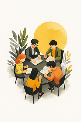 JPG 학생 일러스트 탁자 커뮤니케이션 협력 주택 실내 대화 친구 학습 스터디 독서 햇빛 공책 모임 교양 기록 그룹 편안함 오후 국내일러스트 AI일러스트 AI콘텐츠 교육 가구 관계 문구용품 말하기 내부 건물 태양 감각 파일형식