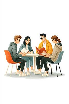 JPG 학생 생각 일러스트 모션 실험 책 친구 학습 독서 카페 모임 교양 그룹 편안함 토론 의견 교류 소통 창의성 국내일러스트 AI일러스트 AI콘텐츠 교육 컨셉 관계 상점 감각 파일형식