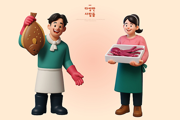 PSD 편집이미지 전통 여자 남자 음식 어류 요리 상자 판매 시장 상인 고객 해산물 즐거움 문어 편집3D 감정 연체동물 사람 3D 수중동물 파일형식