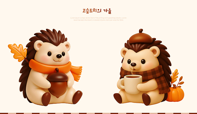 PSD 동물 편집이미지 캐릭터 커피 놀이 풍경 세트 귀여움 가을 편안함 오브젝트 도토리 고슴도치 편집3D 계절 음료 컨셉 포유류 3D 견과류 감각 파일형식