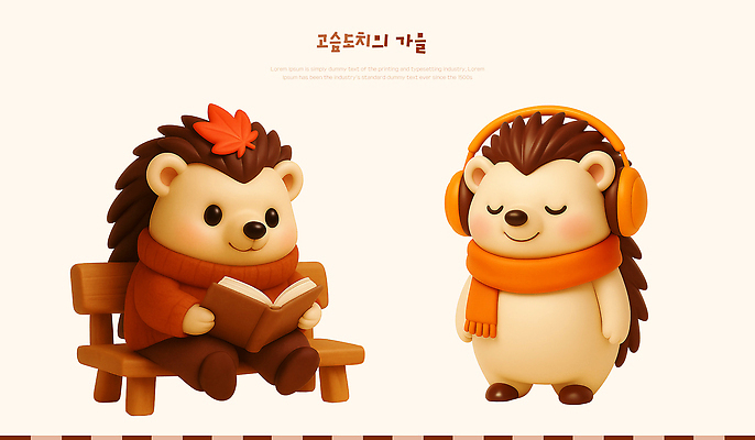 PSD 편집이미지 캐릭터 음악 벤치 따뜻함 책 독서 귀여움 헤드폰 감상 숲속 조화 고슴도치 색감 편집3D 음향기기 컨셉 의자 포유류 문화예술 3D 숲 파일형식