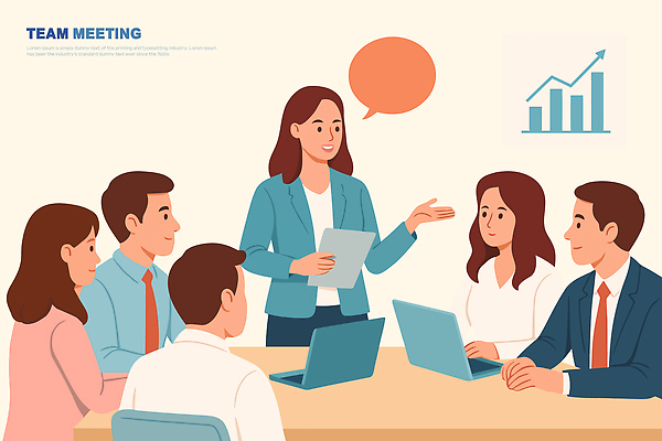 일러스트 성공 회의 협력 아이디어 직장 노트북 사무실 자료 듣기 시간 발표 그룹 전문직 목표 토론 전략 의견 소통 국내일러스트 AI파일 직업 컨셉 회사 비즈니스 모션 전자제품 파일형식 벡터