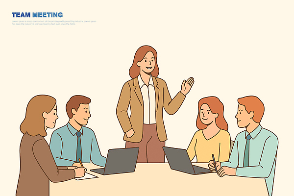 일러스트 회사 회의 협력 아이디어 직장 대화 협상 업무 발표 조직 발전 전략 의견 소통 리더쉽 국내일러스트 AI파일 컨셉 비즈니스 말하기 작업 파일형식 벡터