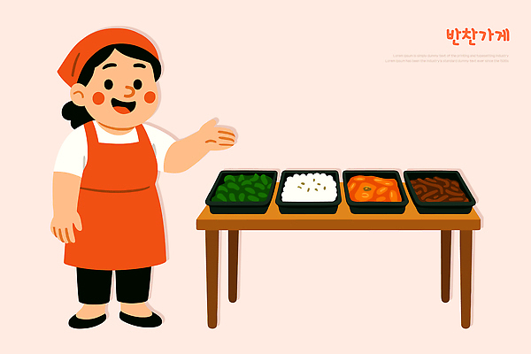 여자 한식 채소 일러스트 탁자 반찬 김치 안내 육류 요리 손짓 계란 식사 다양 전통음식 쌀 도시락 건강식 반찬가게 국내일러스트 AI파일 전통 음식 가구 다수 식재료 모션 곡류 사람 상점 알 파일형식 벡터