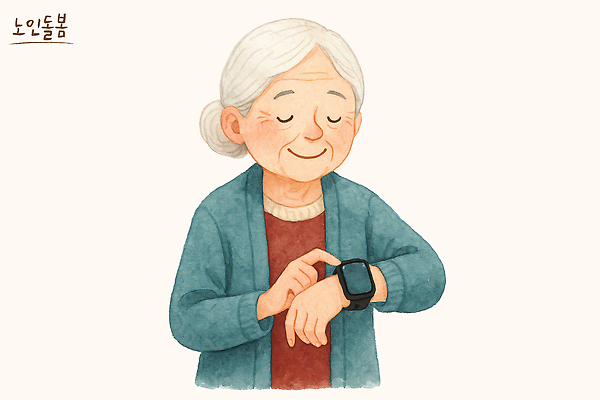 PSD 옷 여자 노년 감정 시계 컬러 일러스트 모션 기술 따뜻함 건강 미소 디지털 손목 확인 세대 스마트워치 국내일러스트 표정 사람 성인 신체부위 스마트기기 웨어러블 파일형식