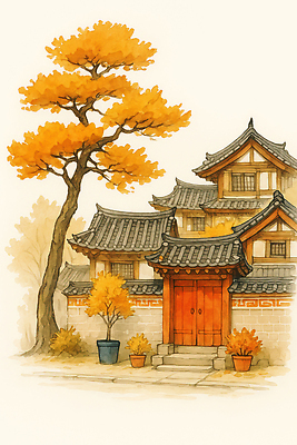 JPG 나무 식물 전통 단풍 일러스트 지붕 한옥 한국 풍경 소풍 문화재 가을 조용 뷰티풀 텃밭 고택 국내일러스트 AI일러스트 AI콘텐츠 한국전통 건축물 계절 아시아 고건축 잎 밭 야외활동 파일형식