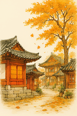 JPG 나무 전통 문화 단풍 일러스트 자연 바람 거리 한옥 한국 풍경 건물 생활 평화 마을 고요 금색 가을 역사 뷰티풀 국내일러스트 AI일러스트 AI콘텐츠 자연요소 식물 한국전통 건축물 계절 아시아 컬러 컨셉 고건축 잎 날씨 생태계 파일형식