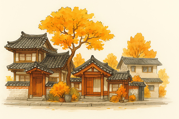 JPG 나무 전통 건축 문화 일러스트 자연 한옥 한국 풍경 정원 가을 도시 역사 은행나무 조화 뷰티풀 색감 풍경화 국내일러스트 AI일러스트 AI콘텐츠 식물 한국전통 계절 아시아 고건축 그림 생태계 파일형식