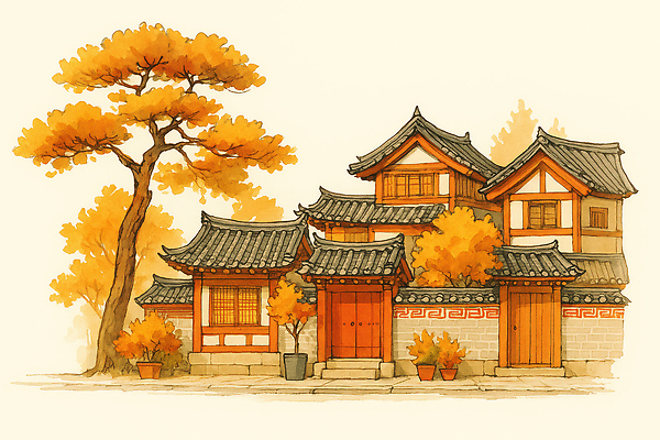JPG 나무 전통 건축 문화 여유 여행 단풍 일러스트 자연 한옥 한국 풍경 주황색 가을 시골 시간 조화 뷰티풀 색감 풍경화 국내일러스트 AI일러스트 AI콘텐츠 식물 한국전통 계절 감정 아시아 컬러 고건축 잎 그림 생태계 파일형식