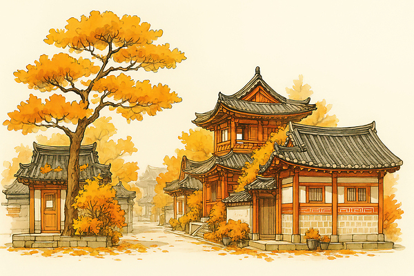 JPG 나무 전통 외관 건축 문화 일러스트 자연 한옥 주택 한국 미소 풍경 마을 가을 은행나무 조화 고풍 뷰티풀 국내일러스트 AI일러스트 AI콘텐츠 식물 한국전통 계절 아시아 고건축 표정 건물 생태계 파일형식