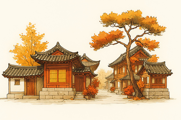 JPG 나무 전통 건축 길 예술 컬러 일러스트 자연 단풍나무 한옥 한국 풍경 산책 가을 조화 뷰티풀 국내일러스트 AI일러스트 AI콘텐츠 식물 한국전통 계절 아시아 단풍 고건축 휴식 생태계 파일형식
