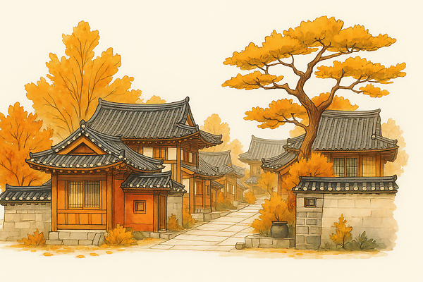 JPG 나무 전통 문화 단풍 일러스트 자연 한옥 주택 한국 풍경 걷기 마을 고요 산책 금색 가을 편안함 앨범 조화 색감 오후 국내일러스트 AI일러스트 AI콘텐츠 식물 한국전통 계절 아시아 컬러 고건축 잎 모션 휴식 건물 감각 생태계 파일형식