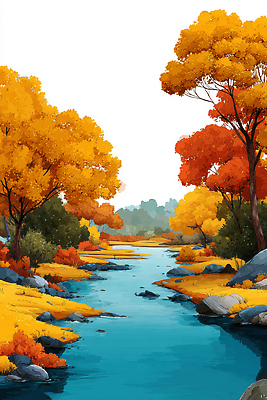 JPG 나무 컬러 단풍 일러스트 자연 하늘 나뭇잎 풍경 물 강 햇빛 평화 흐름 가을 바위 강가 땅 조용 국내일러스트 AI일러스트 AI콘텐츠 자연요소 식물 계절 컨셉 잎 태양 돌_바위 생태계 파일형식