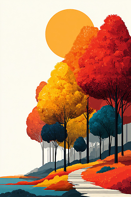 JPG 나무 길 컬러 단풍 일러스트 자연 하늘 산 따뜻함 풍경 햇빛 평화 노을 산책로 가을 저녁 숲 조화 뷰티풀 순간 국내일러스트 AI일러스트 AI콘텐츠 자연요소 식물 계절 컨셉 잎 태양 야간 생태계 파일형식