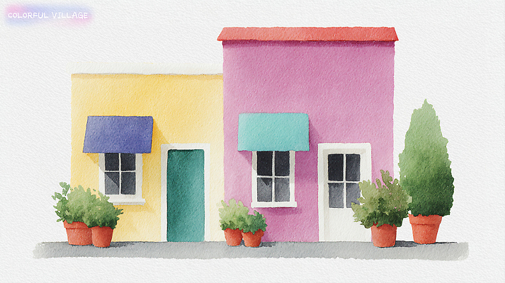 PSD 식물 꽃 감정 분홍색 컬러 일러스트 창문 수채화 거리 주택 풍경 건물 노란색 마을 상점 물감 앤티크 편안함 대문 청록색 포트 국내일러스트 건축물 문 미술도구 감각 파일형식