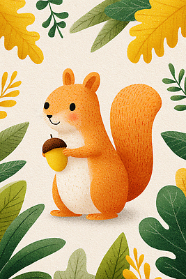 JPG 식물 동물 캐릭터 음식 백그라운드 잎 일러스트 자연 여름 숲 생태계 다람쥐 도토리 활기 놀기 색감 자연친화적 국내일러스트 AI일러스트 AI콘텐츠 계절 컨셉 모션 견과류 설치류 파일형식