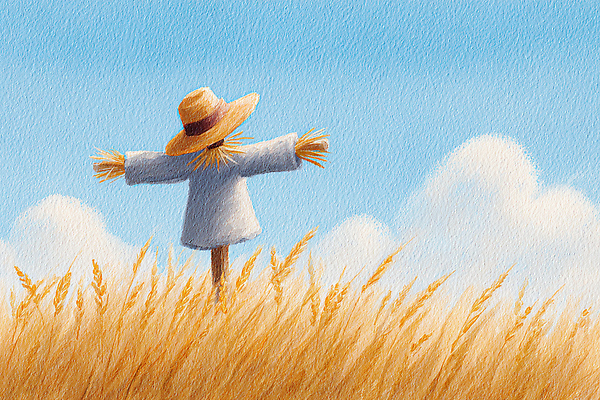 JPG 전통 농업 일러스트 자연 하늘 바람 날씨 풍경 여름 농작물 농장 평화 수확 보호 농부 땅 허수아비 밀밭 소복 국내일러스트 AI일러스트 AI콘텐츠 자연요소 직업 계절 산업 컨셉 밭 밀 생태계 파일형식