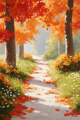 JPG 나무 꽃 길 컬러 단풍 일러스트 자연 하늘 생명 풍경 잔디 햇빛 정원 고요 산책 가을 숲 오솔길 뷰티풀 국내일러스트 AI일러스트 AI콘텐츠 식물 계절 잎 휴식 태양 생태계 파일형식