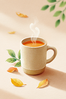 JPG 계절 여유 음료 잎 일러스트 자연 휴식 디저트 따뜻함 컵 가을 분위기 차 맛 수증기 편안함 장면 색감 국내일러스트 AI일러스트 AI콘텐츠 식물 식기 감정 음식 컨셉 감각 생태계 파일형식