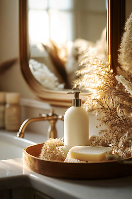 JPG 편집이미지 그릇 여유 자연 조명 따뜻함 인테리어 수건 화장품 욕실 고급 오브젝트 싱크대 세면대 비누 스타일 편집실사 AI포토 AI콘텐츠 식기 디자인 감정 컨셉 위생용품 뷰티 CG 개수대 생태계 파일형식