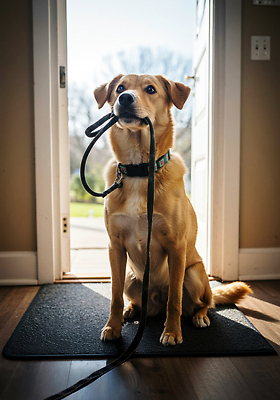 JPG 편집이미지 행복 아침 출입구 주택 털 실내 친구 반려동물 햇빛 평화 매트 기다림 개 목줄 주인 편집실사 AI포토 AI콘텐츠 주간 동물 감정 컨셉 포유류 관계 모션 내부 건물 태양 CG 파일형식 반려용품