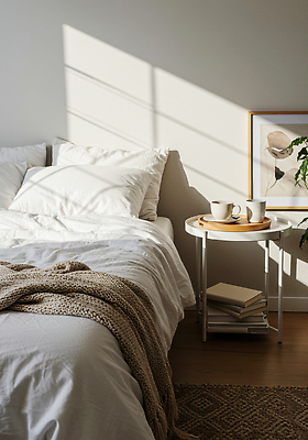 JPG 편집이미지 커피 가구 탁자 아침 휴식 인테리어 햇빛 침실 침대 편안함 오브젝트 편집실사 AI포토 AI콘텐츠 주간 디자인 음료 생활용품 컨셉 태양 감각 CG 파일형식