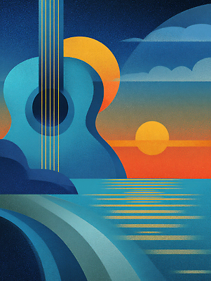 JPG 여유 예술 음악 바다 컬러 일러스트 자연 하늘 풍경 해변 파란색 반사 주황색 일몰 기타 수면 그림 조화 풍경화 차분 국내일러스트 AI일러스트 AI콘텐츠 감정 컨셉 현악기 문화예술 물 노을 생태계 파일형식