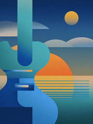 JPG 구름 디자인 음악 바다 컬러 백그라운드 일러스트 미술 풍경 여름 파란색 태양 평화 일몰 기타 저녁 조화 국내일러스트 AI일러스트 AI콘텐츠 자연요소 계절 컨셉 현악기 문화예술 노을 야간 파일형식