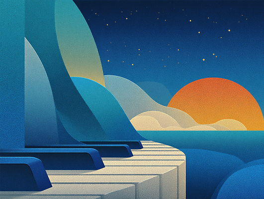 JPG 구름 감정 예술 음악 바다 컬러 일러스트 자연 하늘 풍경 파란색 평화 일몰 시간 피아노 저녁 조화 뷰티풀 창작 국내일러스트 AI일러스트 AI콘텐츠 자연요소 컨셉 문화예술 노을 건반악기 야간 생태계 파일형식