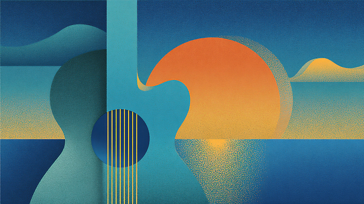 JPG 디자인 예술 음악 파도 바다 컬러 일러스트 하늘 풍경 여름 태양 기타 저녁 언덕 작품 조화 뷰티풀 창의성 국내일러스트 AI일러스트 AI콘텐츠 자연요소 계절 현악기 문화예술 미술 야간 파일형식