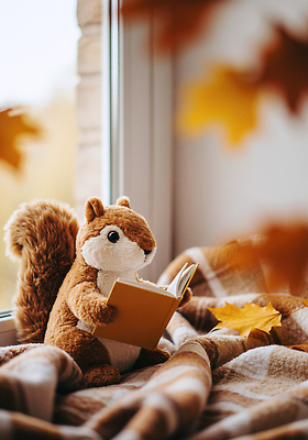 JPG 편집이미지 인형 백그라운드 단풍 자연 휴식 따뜻함 생활 책 반려동물 귀여움 가을 포근함 읽기 창가 다람쥐 편집실사 AI포토 AI콘텐츠 동물 계절 컨셉 잎 창문 모션 감각 설치류 CG 생태계 파일형식