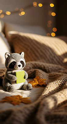 JPG 편집이미지 캐릭터 인형 휴식 조명 실내 장식 책 가을 편안함 오브젝트 라쿤 편집실사 AI포토 AI콘텐츠 계절 컨셉 내부 감각 CG 너구리 파일형식