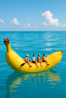 JPG 편집이미지 바다 여행 놀이 바나나 풍경 여러명 여름 모형 수영 수상스포츠 보트 즐거움 노젓기 편집실사 AI포토 AI콘텐츠 계절 감정 스포츠 다수 배_교통 과일 모션 사람 CG 파일형식