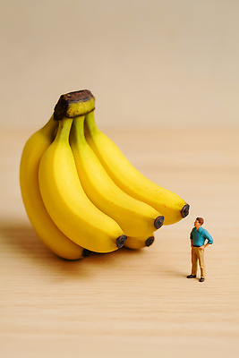 JPG 편집이미지 남자 음식 과일 바나나 풍경 일상 촬영 놀람 미니어처 비교 크기 조화 구성 상상력 창의성 편집실사 AI포토 AI콘텐츠 감정 컨셉 표정 사람 라이프 모형 CG 파일형식