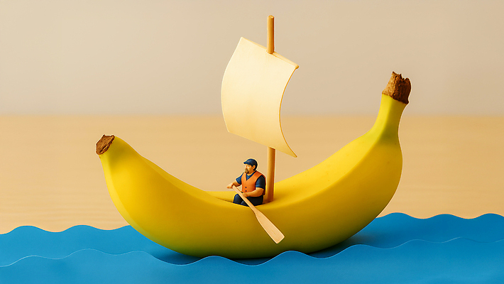 JPG 편집이미지 디자인 종이 컬러 바나나 물 장난감 미니어처 유머 즐거움 돛 조화 선박 편집실사 AI포토 AI콘텐츠 자연요소 감정 수상교통 과일 모형 CG 파일형식