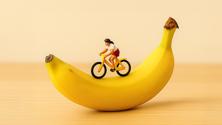 JPG 편집이미지 과일 놀이 바나나 소녀 여름 장난감 귀여움 자전거 미니어처 균형 즐거움 상상력 색감 창의력 편집실사 AI포토 AI콘텐츠 계절 여자 감정 어린이 컨셉 모형 바이크 CG 파일형식