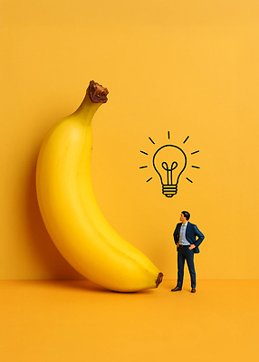 JPG 편집이미지 디자인 남자 상징 백그라운드 비즈니스 전구 아이디어 바나나 그래픽 노란색 유머 큼 상상력 창의성 편집실사 AI포토 AI콘텐츠 감정 컬러 컨셉 과일 사람 크기 CG 파일형식