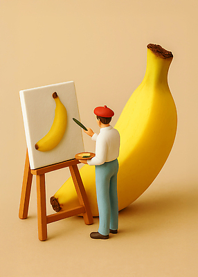 JPG 편집이미지 예술 바나나 실내 미술 조형물 노란색 작업실 오브젝트 그림 캔버스 화가 조화 창의성 아크릴 편집실사 AI포토 AI콘텐츠 직업 컬러 과일 재질 문화예술 내부 CG 파일형식