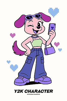 캐릭터 디자인 옷 패션 분홍색 컬러 포즈 일러스트 장신구 스마트폰 유행 귀여움 강아지 셀프카메라 즐거움 개성 스타일 Y2K 일러캐릭터 AI파일 감정 컨셉 핸드폰 스마트기기 반려동물 사진촬영 개 파일형식 벡터